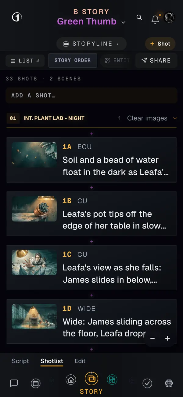 The shot list on a phone